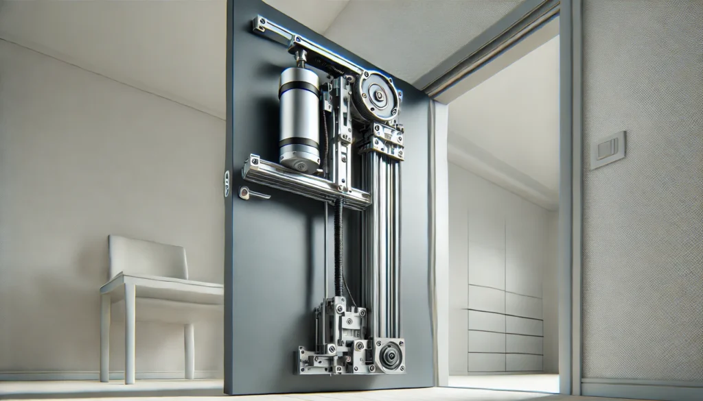 A-type of linear-actuator-mechanism-operating-a-door.-The-image-shows-a-sleek-modern-door-in-motion-with-a-linear-actuator-system-mounted-on-the-side